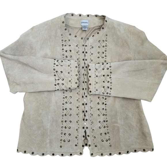 Chicos Suede Leather Jacket Size 2 Beige/Tan Eyelet Braided Thread Studs Western - Picture 2 of 12